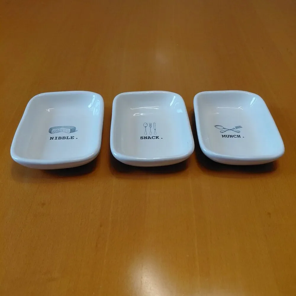 EUC Rae Dunn Set 3 Nibble Snack Munch Appetizer Plates White Ceramic Trays